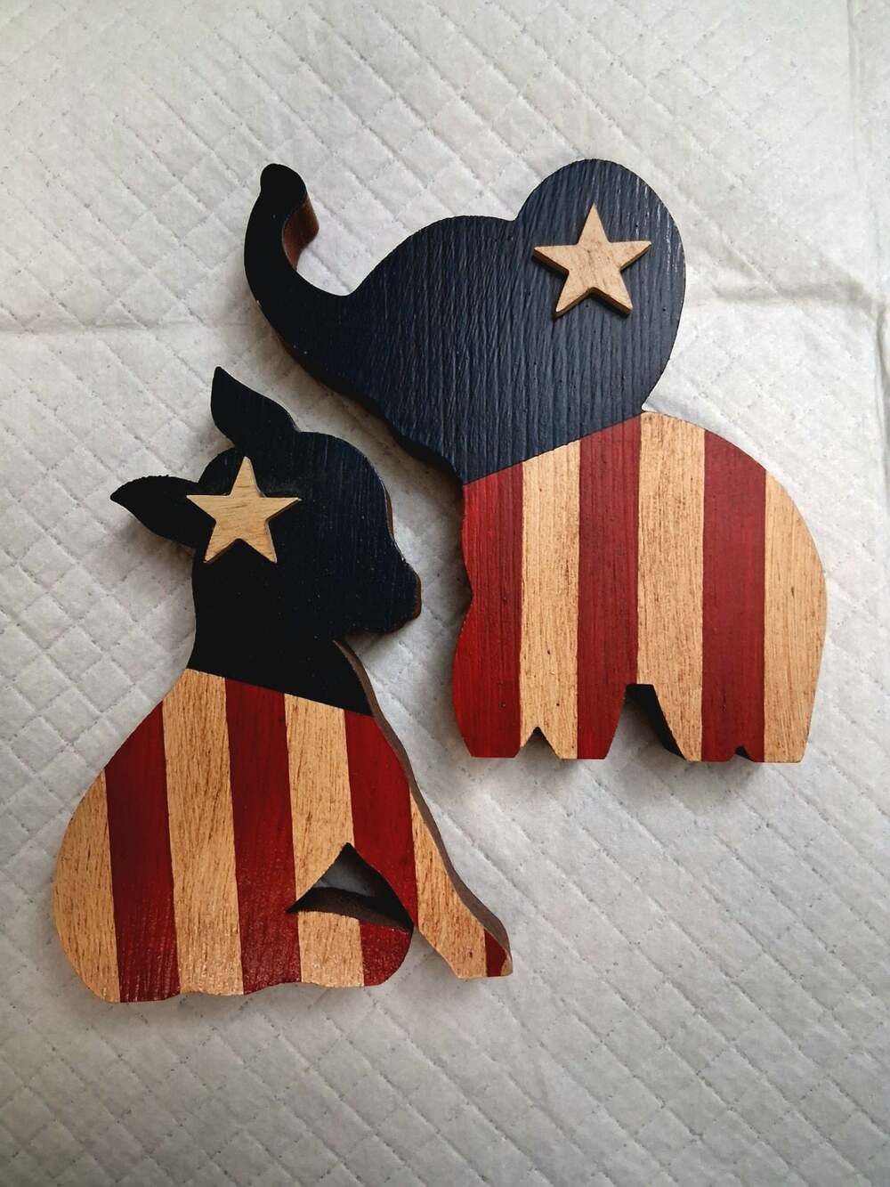 Handmade Wooden Patriotic Elephant and Donkey Political Decor Figures